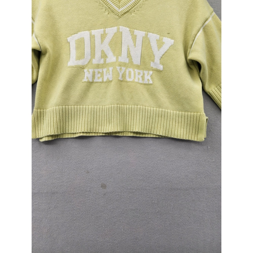 DKNY Jeans XS Cropped Knit Sweater Lime Green Logo Short Sleeve V-Neck Top - Picture 5 of 15
